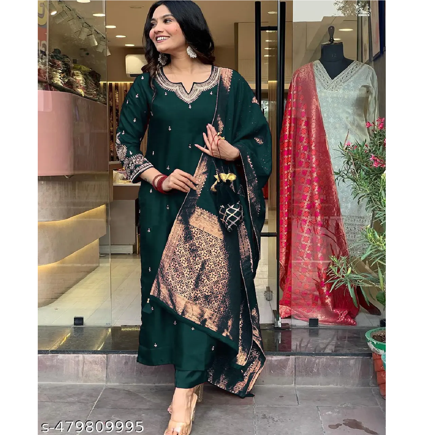 Dark Green Embroidered Art Slik Straight Kurta Pant Dupatta Set